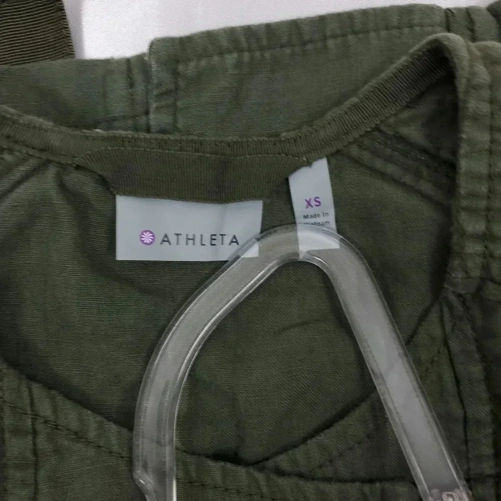 Athleta Wanderabout 100% linen olive green utility tunic vest xs zip-up top xs